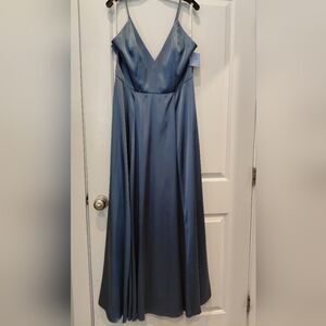 New Flowy Formal Dress with Spaghetti Straps and Full Split-Steel Blue Color